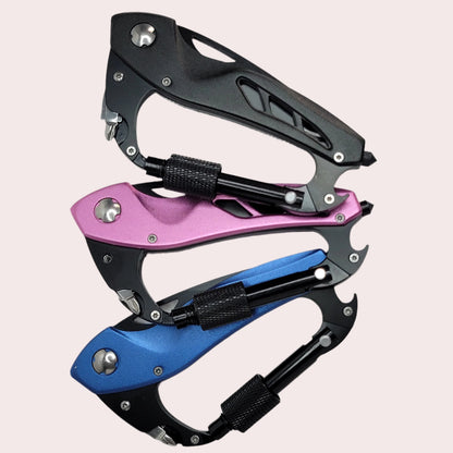 Carabiner multitool with screwdriver tips and small blade for safety and everyday use.