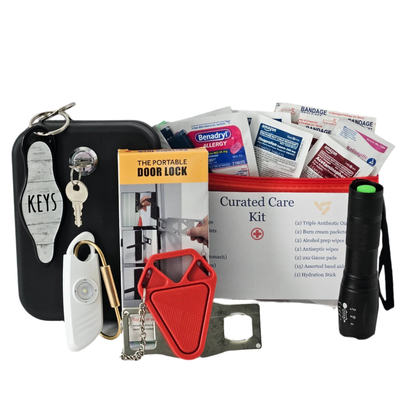 Deluxe personal safety kit for dorm rooms, featuring a personal alarm, personal safe, and first aid supplies for peace of mind.