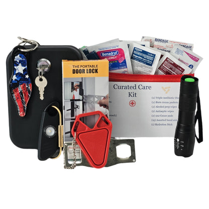 Deluxe personal safety kit for dorm rooms, featuring a personal alarm, personal safe, and first aid supplies for peace of mind.