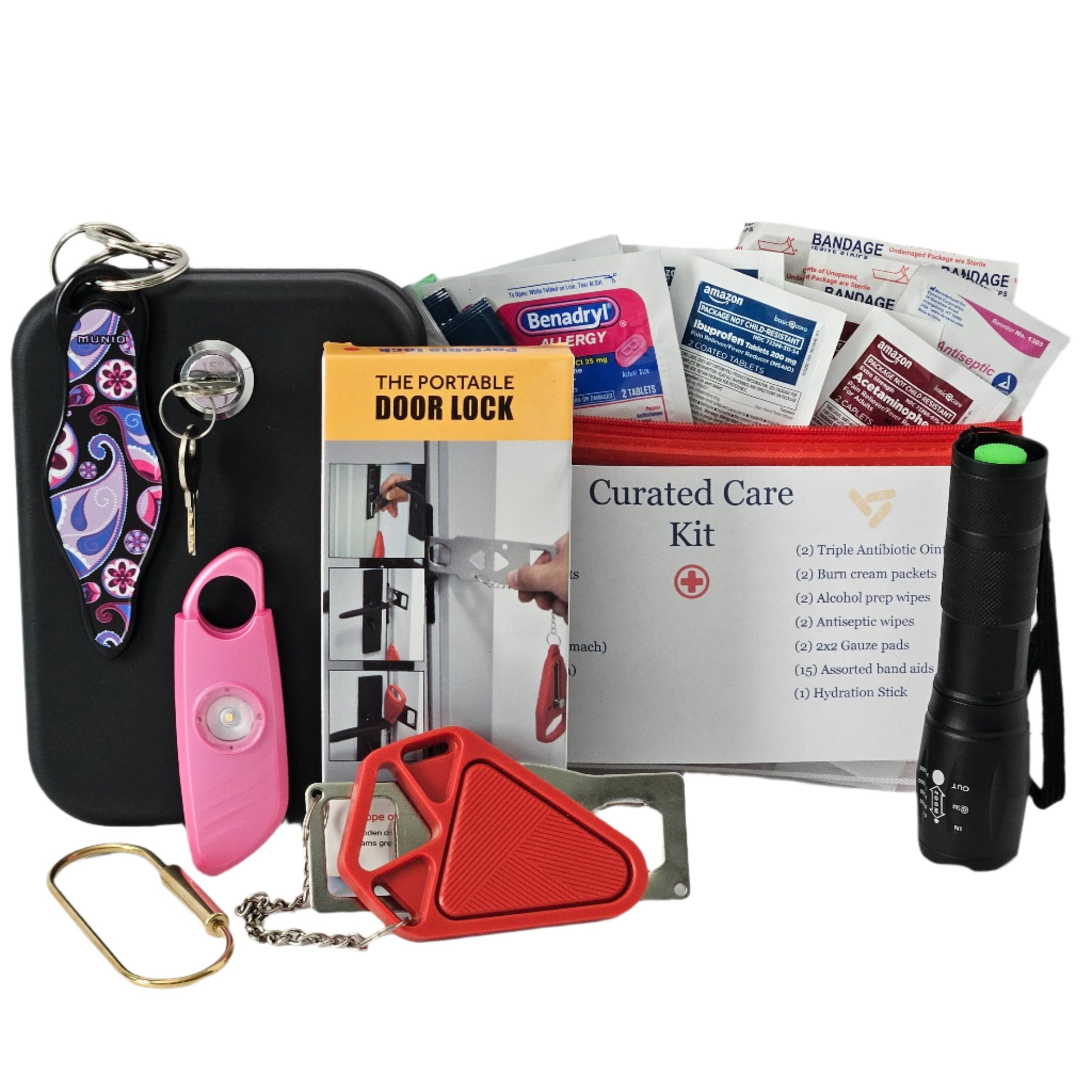 Deluxe personal safety kit for dorm rooms, featuring a personal alarm, personal safe, and first aid supplies for peace of mind.