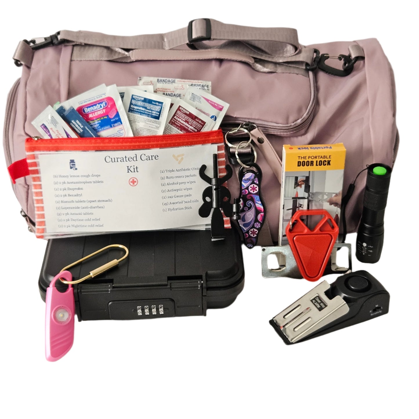 Elite personal safety kit for dorm rooms, featuring a variety of essential items including a personal alarm, first aid supplies, and safety tools.