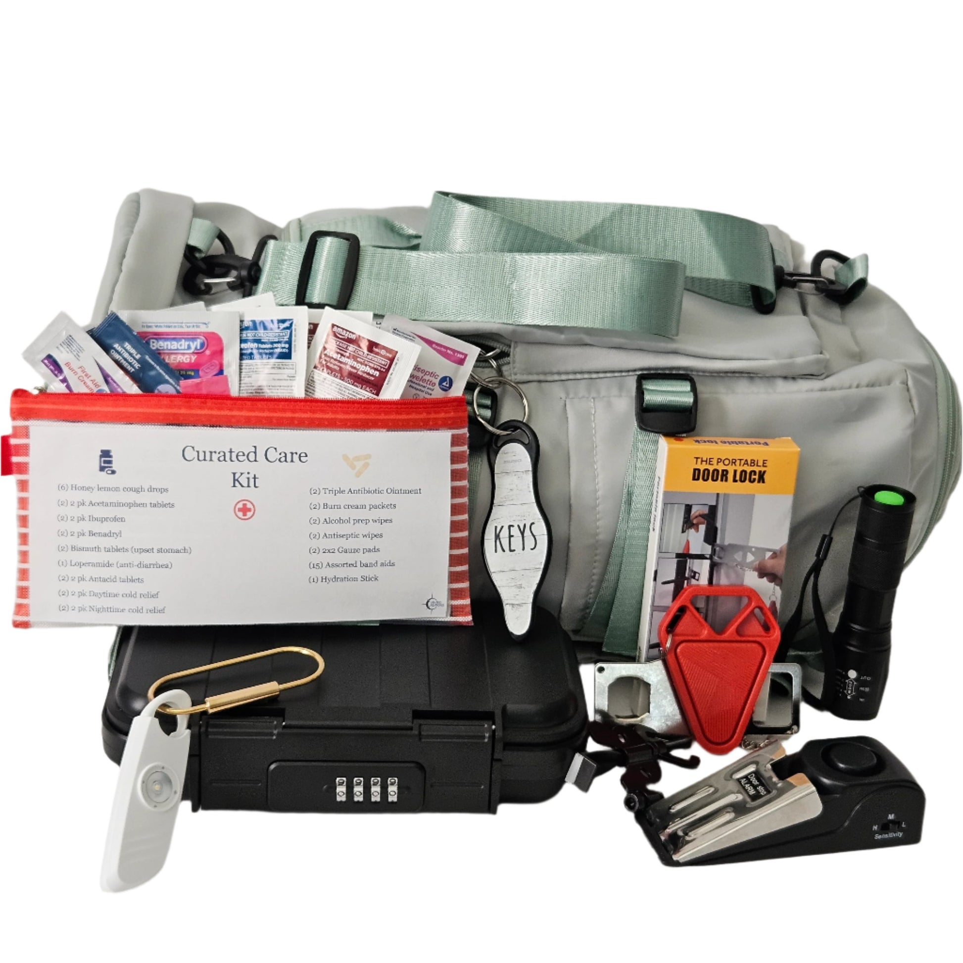 Elite personal safety kit for dorm rooms, featuring a variety of essential items including a personal alarm, first aid supplies, and safety tools.