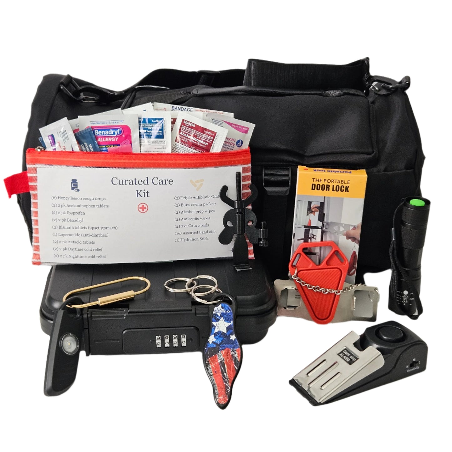 Elite personal safety kit for dorm rooms, featuring a variety of essential items including a personal alarm, first aid supplies, and safety tools.