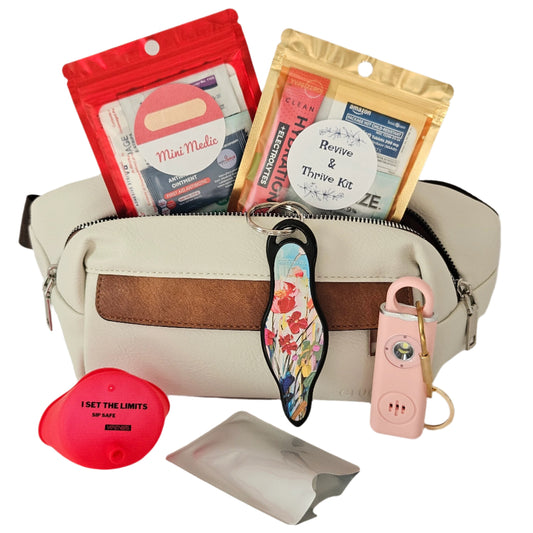 Girls' Night Out Essentials kit featuring personal safety items like a compact alarm and self-defense keychain, for a fun and secure night.