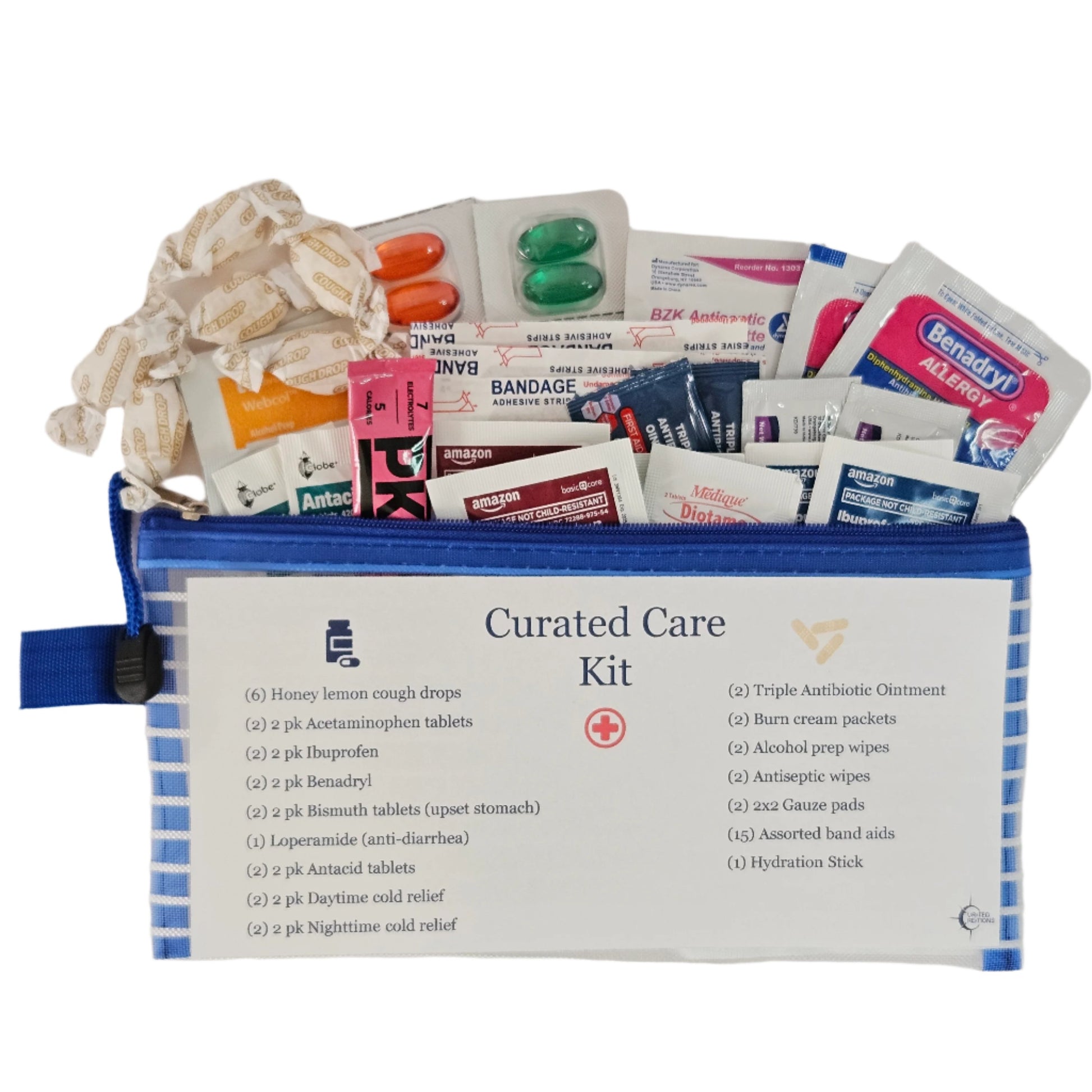 Curated Care Kit:  Hand selected wellness items for cough and cold, fever, upset stomach, along with first aid essentials.