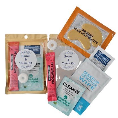 Revive and Thrive Kit for post-party recovery, including hydration packs and soothing remedies.