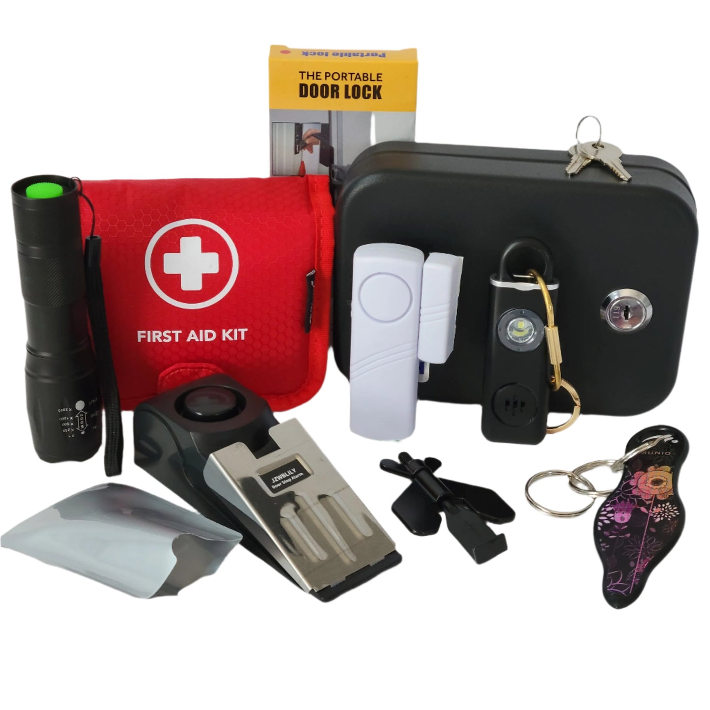 Women's Personal Safety Deluxe Kit with a personal alarm, self-defense keychain, and several must-have security items.