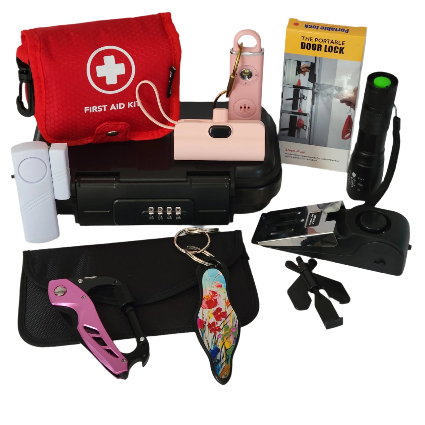 Women's Personal Safety Elite Kit with a personal alarm, self-defense keychain, and many other must-have security items.