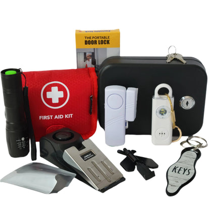 Women's Personal Safety Deluxe Kit with a personal alarm, self-defense keychain, and several must-have security items.