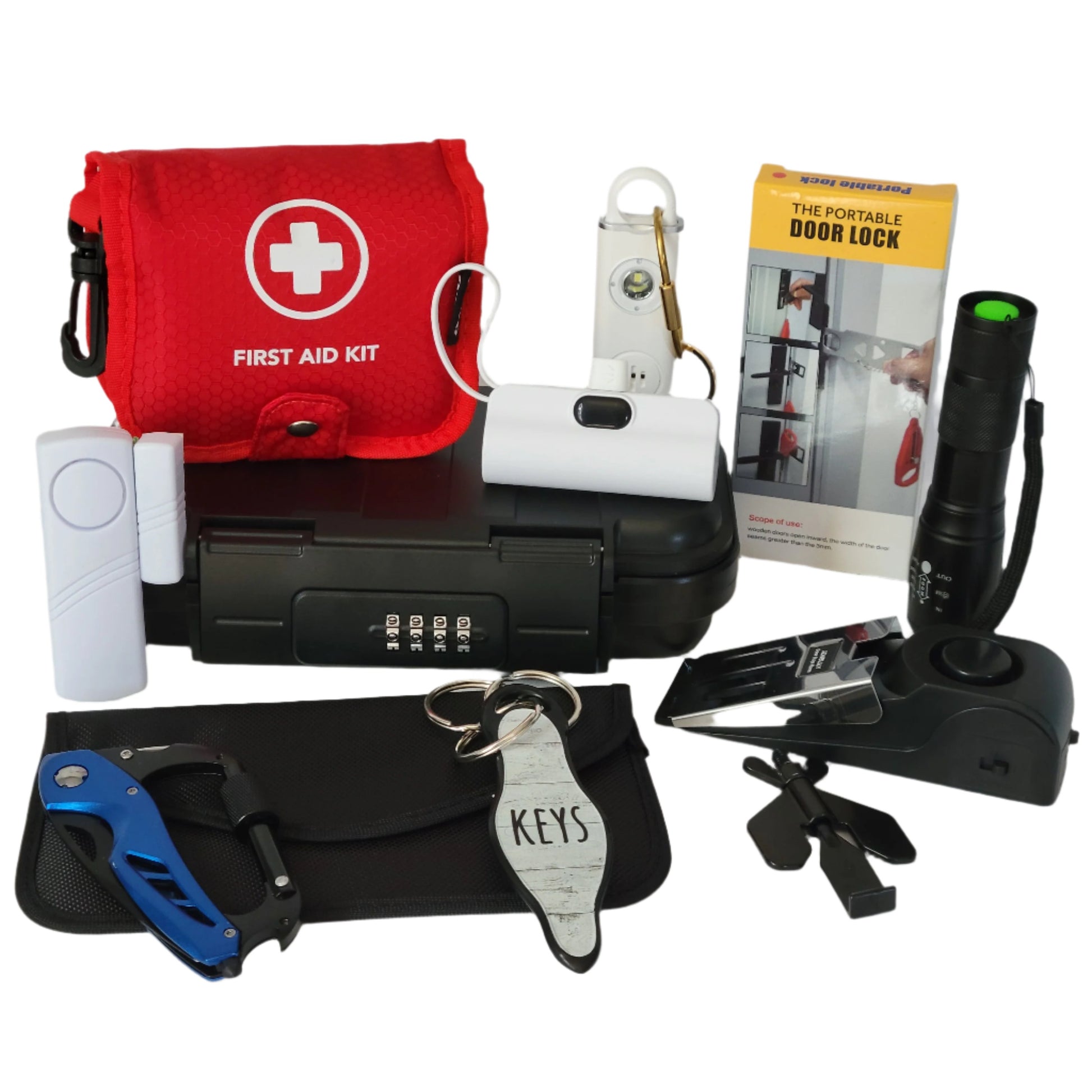 Women's Personal Safety Elite Kit with a personal alarm, self-defense keychain, and many other must-have security items.